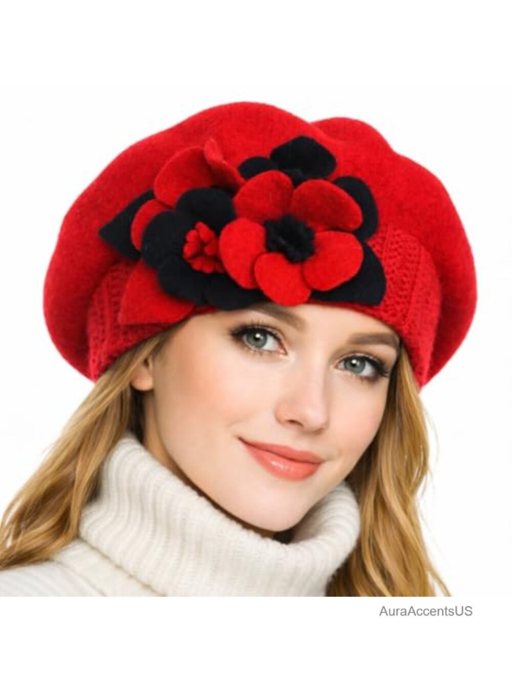 100% Wool French Beret Knitted Winter Hat with Floral Bow